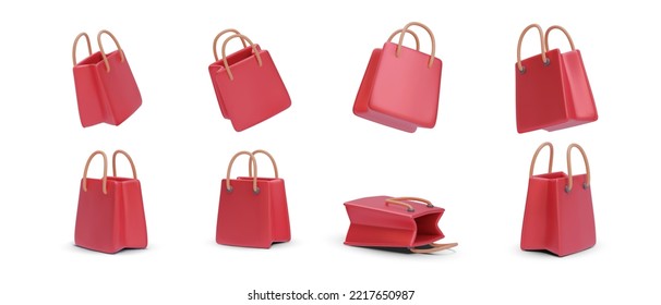 Set of red 3d realistic shopping bag in different position with shadow isolated on white background. Vector illustration