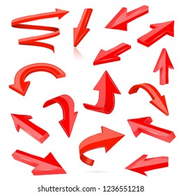 Set of red 3d shiny arrows. Vector illustration isolated on white background