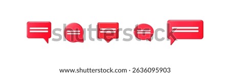 Set of red 3D speech bubble icons. Communication and text chat concept for social media, discussion, and message apps.