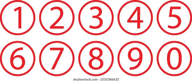 set of red 9 to 0 number icon in outline circle vector illustration.