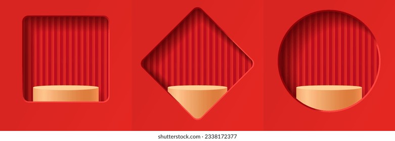 Juego de fondo geométrico mínimo de 3d abstracto rojo, podio de cilindro de oro para mostrar productos en fondo redondeado de ventanas cuadradas y redondeadas, concepto de Año Nuevo Chino Feliz, ilustración vectorial