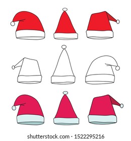Set of red ad outline Santa hats icons. Merry Christmas and happy new year vector illustration for december holidays for banners, greeting cards, invitation, gifts, wrapping paper, logotype. EPS10