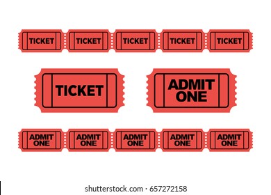Set of red admit one ticket icons and roll / row of tickets. Ticket Chains.