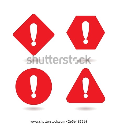 Set of red alert symbols with exclamation mark inside various shapes including triangle, circle, hexagon, and diamond.