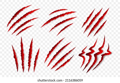 Set of red animal claw marks, scratches, talons cuts cat, tiger, dog, lion, monster isolated. Vector realistic illustration. Design for animal print, banner, poster 
