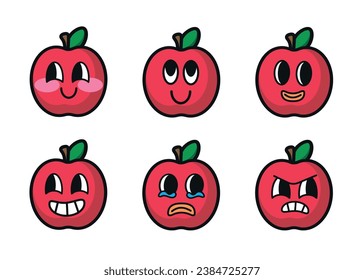 Set of red apple cartoon with many expressions. Retro design vector illustration of red apple on white background. Mascot faces