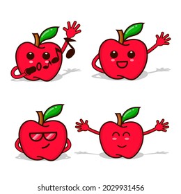Set of red apple with emoticon character isolated vector illustration. apples with hand and face design use for mascot, education poster, banner, flyer, web icon