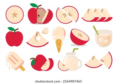 Set of red Apple, Farm fresh Apple product emblem for grocery shop, collection of ice cream, Juice jar, glass of juice, ice cream cone and stick, simple flat vector illustration of fruits.