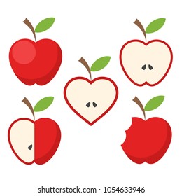 Set of red apple fruit with green leaf icon on white, stock vector illustration