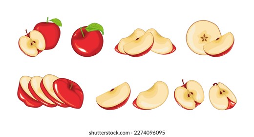 Set of Red apple with green leaf and half apple, fruit slices and pieces in cartoon style. Healthy vegetarian snack food fruit, vector illustration