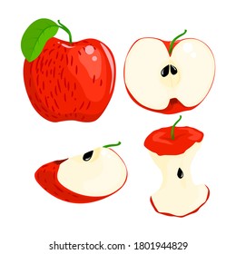 Conjunto de manzanas rojas con medio aislado sobre fondo blanco con recorrido de recorte de profundidad de campo y hoja.
