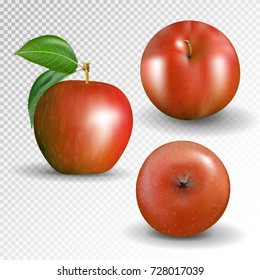 Set red apple isolated on transparent background. Vector, 3D 