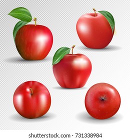 Set red apple isolated on transparent background. Vector, 3D