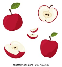 Set of red apple. Sliced apple isolated on white background. Red apples, apple pieces, sliced apples