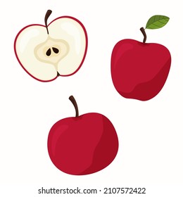 Set of red apple. Sliced apple isolated on white background
