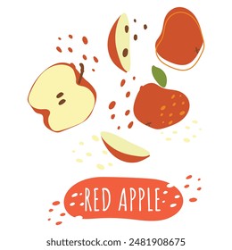 A set of red apple slices with the inscription red apple. Fresh, juicy and tasty fruit. Vector illustration of organic fruit. Eco-label for natural watermelon flavor. Juice, smoothie design.