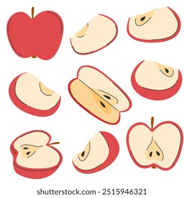 Set of red apple whole, half, slices and pieces juicy fruit. Hand drawn doodle fresh diet fruit
