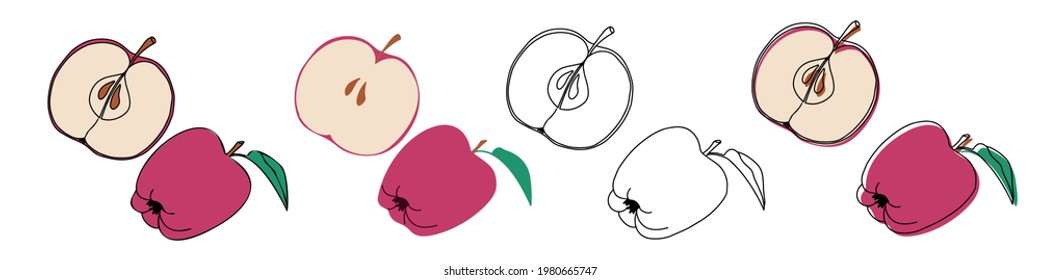 Set of red apples in cartoon style, line art, hand drawn. Half apple, apple stump icons. Use for postcard, flyer, web, banner, poster, textile print.