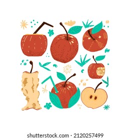 Set of red apples in different shapes. Harvest of ripe fruits. Set of design elements in the style of hand drawing. Vector illustration