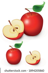 Set of red apples. Red apples with green leaves, apples slice. Vektor illustration, realistic vektor.