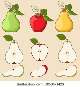 Set of  red apples and green, yellow pears