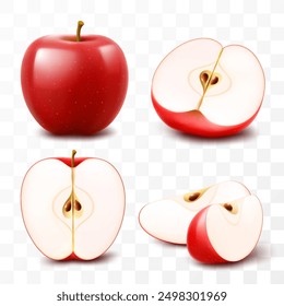 Conjunto de manzanas rojas aisladas sobre fondo transparente. Entera, media y rodajas de fruta jugosa madura. Cosecha de verano. Producto natural. Ilustración vectorial 3D realista