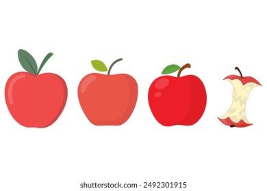 Set of red apples with leaf in different style isolated on white background.