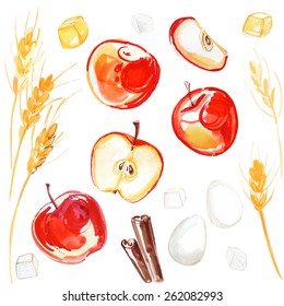 Set of red apples on a white background. Watercolor painting, vector elements for menu. Eggs, cake, wheat, sugar, butter, cinnamon,