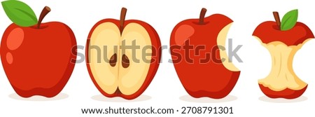 Set red apples. Ripe, half, whole and bitten apple, an apple stump isolated on white background. Vector illustration in flat style