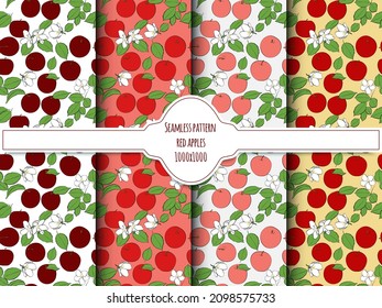 A set of red apples seamless patterns 1000 by 1000 pixels with fruits, leaves and flowers. Vector graphics.