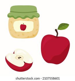 Set of red apples. Whole apple and half apple, apple jam