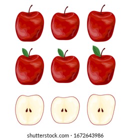 Un conjunto de manzanas rojas. Manzanas enteras y cortadas por la mitad. Ilustración vectorial aislada en un fondo blanco.