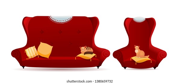 Set of red armchair with sofa and cats on cushions front view isolated on white background. Vintage cozy design red color couch concept. Furniture equipment for living room. Flat vector illustration