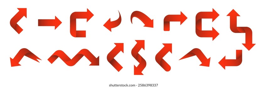 Set red arrow 3D icons pointing up down left right. Vector