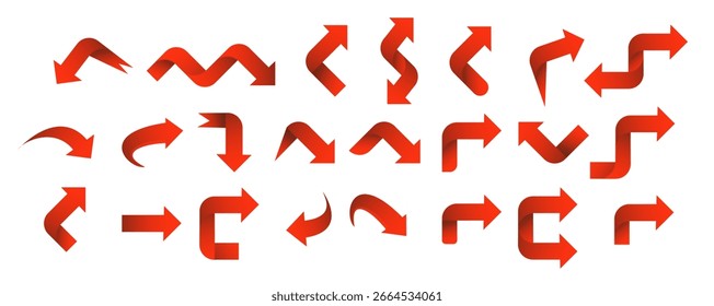 Set red arrow 3D icons pointing up down left right. Vector