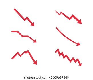 A Set of Red arrow going down stock icon. Statistic and data, bankruptcy, financial crisis, money loss, down arrow, economy reduction .Downtrend symbol. Chart going down sign on white background