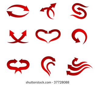 Set of red arrow icons isolated on white for web design - abstract emblem or logo template. May be use in navigation theme