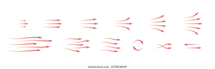 Set of red arrow showing warm air heater direction. Isolated on transparent background element