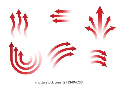 Conjunto de flecha roja que muestra el flujo de aire del viento aislado en blanco