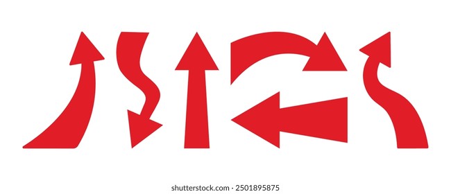 Set red arrows. Bold, minimalist arrows indicating direction and movement. Simple pointer arrows black silhouette. Perfect for enhancing presentations, guides, infographics and creative projects.