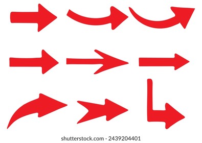 Set of red arrows. Isolated red arrows in different shapes. Vector illustration.