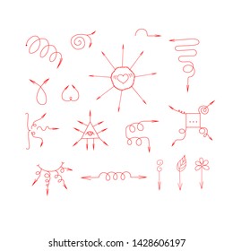 Set of red arrows. Isolated elements on white background. Hand drawn vector. Boho style. Curls, circle, square, triangle, heart shape editable for your design.