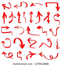 Set with red arrows on white background, hand drawn symbols, pointers, collection for your design