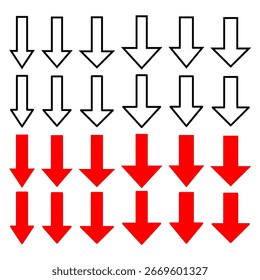Set of red arrows pointing downwards. Downward trend graphic. Line down arrow editable. Vector illustration