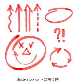 Set of red arrows and signs  hand-drawn in marker. Smiley painted arrows. Vector