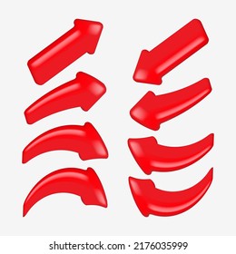 Set of red arrows signs of various shapes. 3D arrows of different directions. Vector illustration