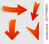 Set of red arrows stickers. Pointer, direction, movement