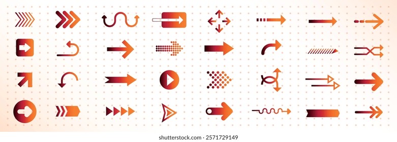 Set of red arrows in various styles. Includes curved arrows, straight arrows, and dotted arrows. Perfect for navigation, direction, and design projects. Element vector set.