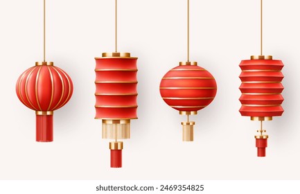 Set of red asian glowing lanterns. 3D realistic silk or paper chinese lamp with golden elements. Decoration for Chinese new year and Chinese lantern festival.