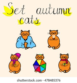Set red autumn cats. Cat in a blanket, with umbrella, with autumn leaves, tea, coffee, wearing a hat and scarf. Autumn cat card. Hand drawing. Vector illustration.
